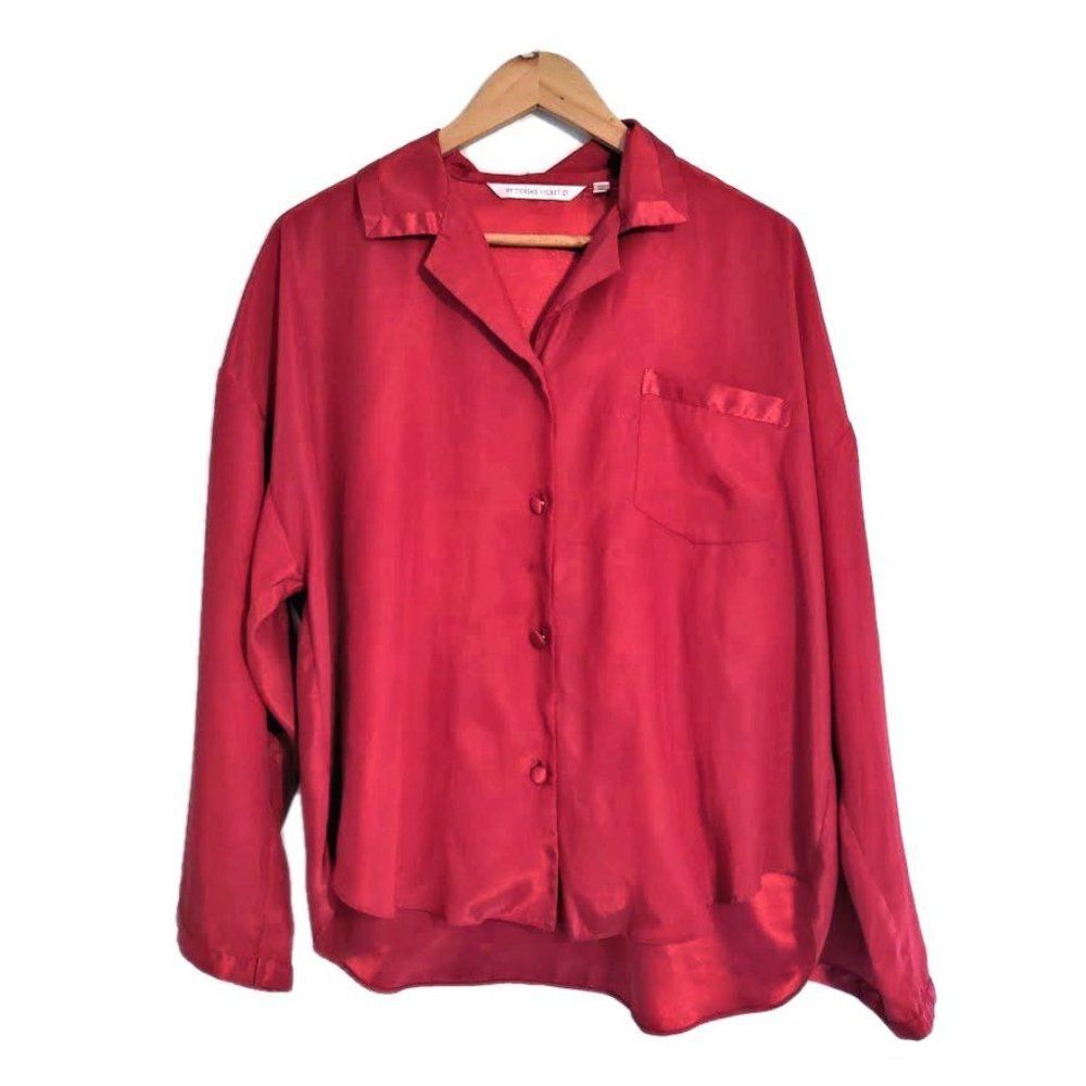 Victoria's Secret Pajama Top Silky Red Satin Button Down Lingerie Size Large